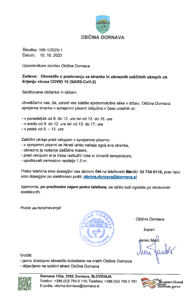 Obvestilo o poslovanju za stranke in obveznih zaščitnih ukrepih ob širjenju virusa COVID 19 (SARS-CoV-2)